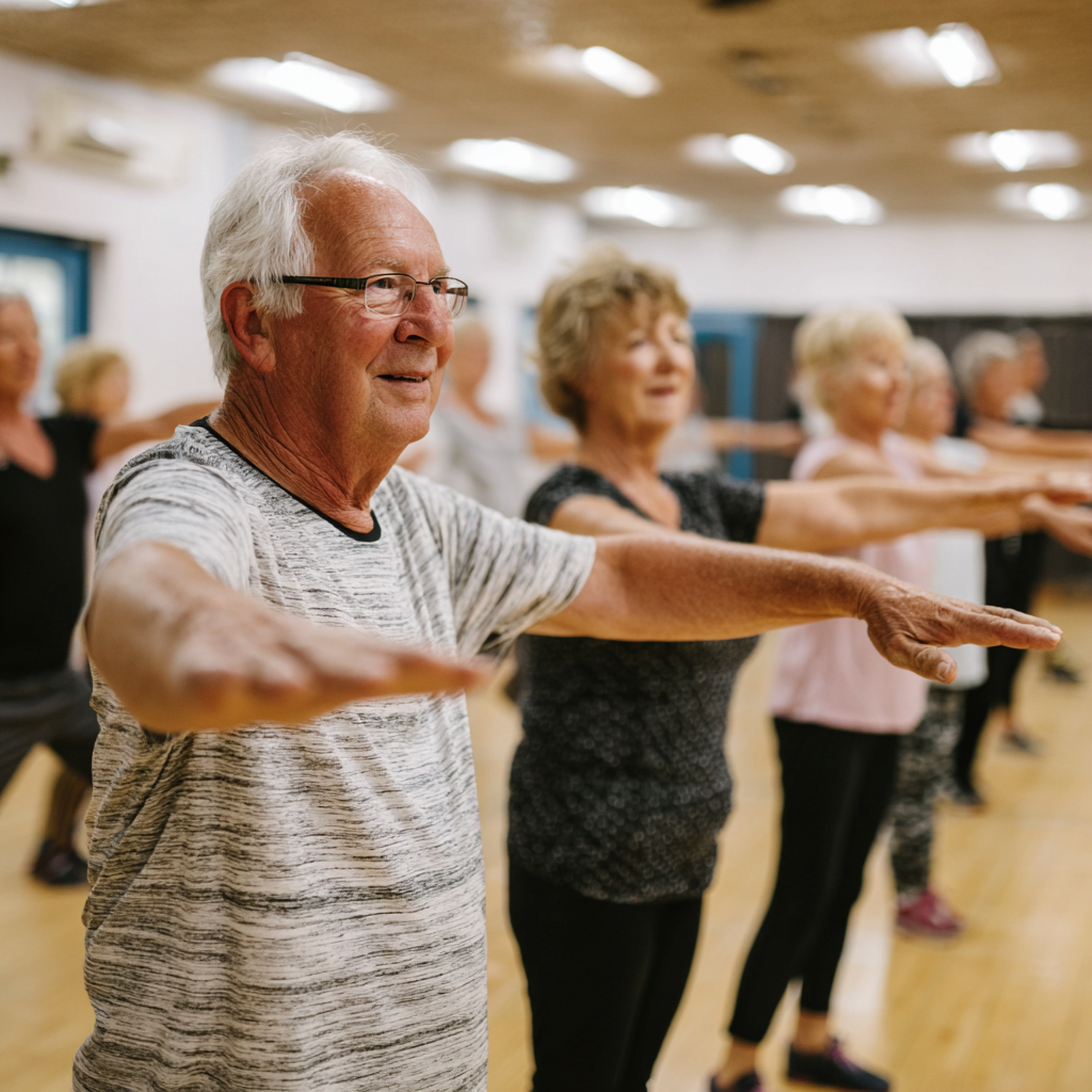 51 years adults participating in guided fitness session with professional trainer