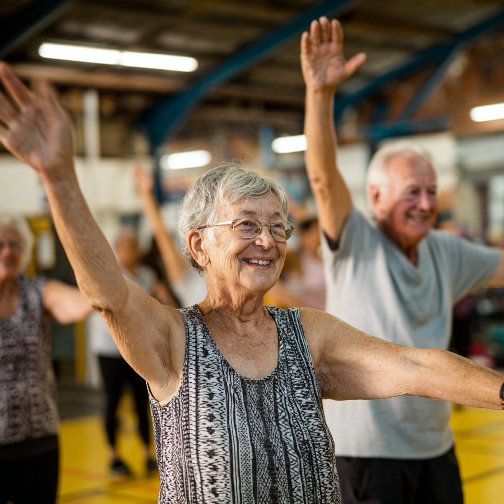 Active 50 years adults engaging in diverse fitness activities in a welcoming exercise environment